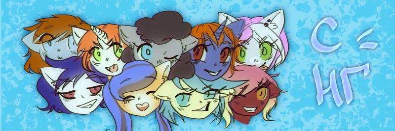 Size: 3000x1000 | Tagged: safe, artist:klooda, derpibooru import, oc, oc:cloudy, oc:dusky, oc:etoz, oc:kreecker, oc:mia, oc:olya, oc:ruby lynx, unofficial characters only, earth pony, pegasus, pony, unicorn, abstract background, blue background, blue eyes, blue hair, blushing, brown hair, cyrillic, ear piercing, earring, eyes closed, female, food, green eyes, grey hair, happy, happy holidays, happy new year, head, holiday, jewelry, mare, one eye closed, open mouth, orange, orange hair, piercing, red eyes, russian, short hair, short mane, simple background, smiling, smirk, text, tongue out, wink