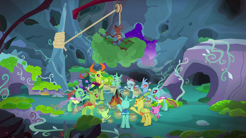 Size: 1920x1080 | Tagged: best gift ever, carapace (character), changedling, changedling brothers, changeling, cornicle, derpibooru import, female, hearth's warming, king thorax, male, ocellus, pharynx, prince pharynx, safe, screencap, spiracle, thorax, tree