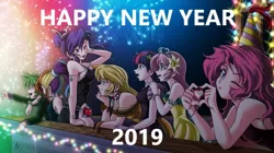 Size: 680x380 | Tagged: applejack, artist:mauroz, beautiful, derpibooru import, edit, fireworks, fluttershy, happy new year 2019, human, humanized, implied lesbian, implied rainbowspike, implied rarijack, implied shipping, looking at you, pinkie pie, rainbow dash, rarity, safe, smiling, spike, twilight sparkle