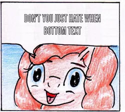 Size: 887x793 | Tagged: 40kponyguy pinkie pie meme, artist:40kponyguy, bottom text, derpibooru import, edit, exploitable meme, face of mercy, faic, impact font, looking at you, meme, pinkie pie, safe, solo, traditional art