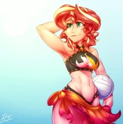 Size: 4628x4656 | Tagged: safe, artist:drizziedoodles, derpibooru import, sunset shimmer, human, equestria girls, equestria girls series, absurd resolution, alternate hairstyle, arm behind head, armpits, belly button, bikini, black swimsuit, breasts, clothes, cute, cutie mark swimsuit, female, freckles, humanized, jeweled swimsuit, midriff, sarong, shimmerbetes, short hair, smiling, solo, sports, summer sunset, swimsuit, volleyball
