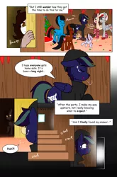 Size: 3513x5333 | Tagged: safe, artist:takaneko13, derpibooru import, oc, oc:knight fire, oc:koneko, oc:momma cider, oc:night rose, oc:silkie skies, oc:tempo cider, oc:vocal gamer, unofficial characters only, earth pony, kirin, pegasus, pony, unicorn, comic:a hearth's warming tale, bow, claws, comic, confetti, curious, dialogue, family, glasses, glowing eyes, hearth's warming, house, koncal, narration, party, stairs, tree