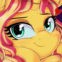 Size: 3600x3600 | Tagged: safe, artist:katakiuchi4u, derpibooru import, sunset shimmer, pony, unicorn, bust, close-up, cute, eyelashes, female, freckles, heart, looking at you, mare, portrait, shimmerbetes, signature, smiling