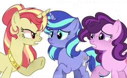 Size: 1280x790 | Tagged: safe, artist:jxst-roch, derpibooru import, oc, oc:dream bunny, oc:fire emerald, unofficial characters only, earth pony, pony, unicorn, female, magical lesbian spawn, mare, offspring, parent:pinkie pie, parent:starlight glimmer, parent:sugar belle, parent:sunset shimmer, parent:trixie, parent:twilight sparkle, parents:startrix, parents:sugarpie, parents:sunsetsparkle, simple background, transparent background