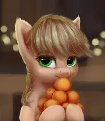 Size: 1080x1240 | Tagged: safe, artist:quvr, derpibooru import, applejack, earth pony, pony, bust, female, fluffy, food, hatless, looking at you, mare, missing accessory, orange, realistic hair, solo, tangerine
