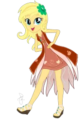 Size: 1480x2170 | Tagged: safe, artist:ilaria122, derpibooru import, oc, oc:applemel, equestria girls, alternate hairstyle, cardigan, clothes, crystal gala, crystal gala dress, dress, female, hairclip, high heels, jewelry, necklace, next generation, offspring, open mouth, parent:applejack, parent:caramel, parents:carajack, sandals, shoes, simple background, solo, transparent background