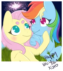 Size: 3100x3500 | Tagged: safe, artist:veincchi, derpibooru import, fluttershy, rainbow dash, pegasus, pony, beanbrows, blushing, cute, eyebrows, female, fireworks, flutterdash, happy new year, holiday, lesbian, love, mare, new year, polaroid, shipping, simple background, smiling