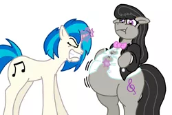 Size: 1024x682 | Tagged: safe, artist:duragan, artist:jamesawilliams1996, color edit, derpibooru import, edit, octavia melody, vinyl scratch, earth pony, pony, unicorn, belly, big belly, bipedal, bowtie, button-up shirt, chubby cheeks, clothes, colored, conductor, eyes closed, fat, fatavia, female, floppy ears, gritted teeth, huge belly, impossibly large belly, jacket, lesbian, lip bite, magic, mare, obese, overweight, scratchtavia, shipping, telekinesis, this will end in pain, this will not end well, tight clothing, tuxedo, wardrobe malfunction, weight gain