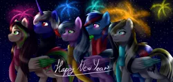 Size: 2600x1235 | Tagged: safe, artist:lada03, derpibooru import, oc, unofficial characters only, pegasus, pony, unicorn, clothes, female, fireworks, happy new year, holiday, male, mare, night, scarf, stallion