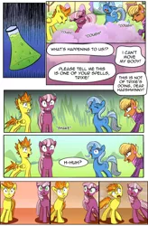 Size: 1800x2740 | Tagged: safe, artist:candyclumsy, author:bigonionbean, derpibooru import, cheerilee, ms. harshwhinny, spitfire, trixie, earth pony, pegasus, pony, unicorn, comic:fusing the fusions, comic:mlp: education reform, comic, commissioner:bigonionbean, coughing, female, fusion, magic, mare, potion, smoke