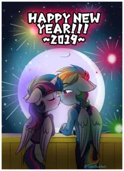 Size: 818x1130 | Tagged: safe, artist:tylerdashart, derpibooru import, rainbow dash, twilight sparkle, twilight sparkle (alicorn), alicorn, anthro, pegasus, 2019, blushing, clothes, eyes closed, female, fireworks, happy new year, happy new year 2019, holiday, jacket, kissing, lesbian, moon, night, pants, shipping, sweater, twidash