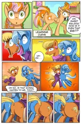 Size: 1800x2740 | Tagged: safe, artist:candyclumsy, author:bigonionbean, derpibooru import, cheerilee, ms. harshwhinny, spitfire, trixie, oc, oc:learning curve, earth pony, pegasus, pony, unicorn, comic:fusing the fusions, comic:mlp: education reform, body horror, butt, commissioner:bigonionbean, cutie mark, eyes closed, fear, female, fusion, fusion:learning curve, gritted teeth, hooves, horn, mare, merge, merging, open mouth, panic, plot, potion, shocked, swelling, teeth