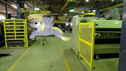 Size: 400x225 | Tagged: safe, artist:anthony60617, derpibooru import, derpy hooves, pegasus, pony, flying, irl, machinery, photo, ponies in real life, school, wings