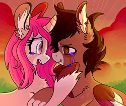 Size: 1419x1200 | Tagged: safe, artist:1racat, derpibooru import, oc, oc:tarot, oc:xor, unofficial characters only, classical unicorn, pony, sphinx, unicorn, cloven hooves, couple, crying, cuddling, cute, ear piercing, female, floppy ears, fluffy, hooves, interspecies, leonine tail, love, male, mare, oc x oc, paws, piercing, romantic, shipping, snuggling, sphinx oc, straight, taror, unshorn fetlocks, wings