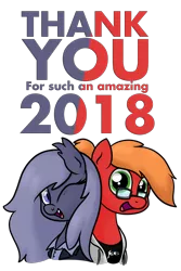Size: 1072x1604 | Tagged: safe, artist:moonatik, derpibooru import, oc, oc:moonatik, oc:selenite, unofficial characters only, bat pony, 2018, 2019, bat pony oc, bat wings, clothes, female, glasses, hair bun, happy new year 2019, hoodie, long hair, long mane, male, mare, shirt, simple background, stallion, text, thank you, transparent background, wings