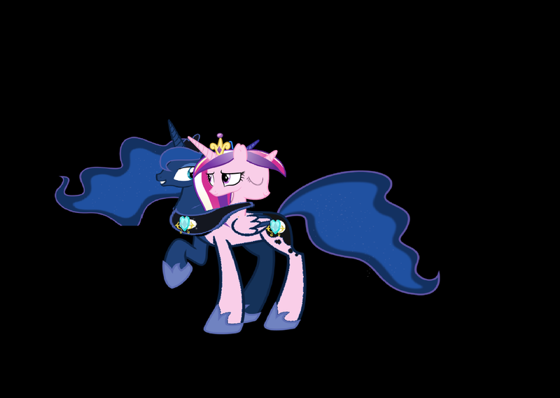 Size: 2905x2061 | Tagged: safe, artist:theunknowenone1, derpibooru import, princess cadance, princess luna, alicorn, pony, conjoined, female, filly, four heads, fusion, mare, multiple heads, we have become one