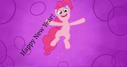Size: 1366x729 | Tagged: safe, derpibooru import, edit, edited screencap, screencap, pinkie pie, earth pony, pony, the one where pinkie pie knows, caption, complex background, female, happy new year 2019, image macro, mare, meme, new year, purple background, simple background, solo, text
