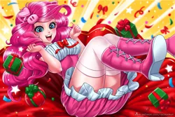 Size: 2000x1333 | Tagged: anime, artist:racoonsan, boots, clothes, cute, derpibooru import, diapinkes, female, happy new year, happy new year 2019, holiday, human, humanized, nail polish, pinkie pie, ponk, safe, shoes, skirt, smiling, solo, thighs, upskirt denied, year of the pig, zettai ryouiki