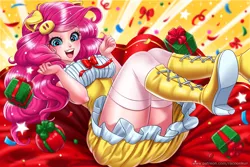 Size: 2000x1333 | Tagged: safe, alternate version, artist:racoonsan, derpibooru import, pinkie pie, human, equestria girls, anime, beautiful, boots, clothes, cute, diapinkes, dress, female, happy, happy new year, happy new year 2019, high heel boots, holiday, humanized, nail polish, open mouth, ponk, shoes, skirt, smiling, socks, solo, thigh highs, thighs, year of the pig, zettai ryouiki