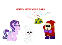 Size: 689x507 | Tagged: angel bunny, artist:drypony198, blushing, derpibooru import, dice, dice block, female, game guy, interspecies, male, mario party 3, new year, safe, shipping, shy guy, starbunny, starlight glimmer, straight, super mario bros.