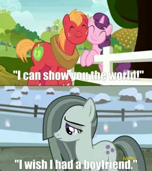 Size: 1920x2160 | Tagged: safe, derpibooru import, edit, edited screencap, screencap, big macintosh, marble pie, sugar belle, earth pony, pony, unicorn, hearthbreakers, marks for effort, a whole new world, aladdin, caption, female, heartbroken marble, male, sad, shipping, side chick, straight, sugarmac, vine video