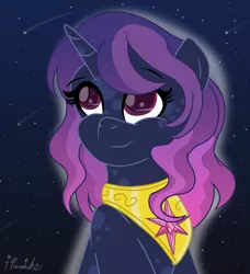 Size: 1095x1199 | Tagged: safe, artist:ipandacakes, derpibooru import, oc, oc:damascus, pony, unicorn, bust, female, looking up, magical lesbian spawn, mare, meteor, night, offspring, parent:princess luna, parent:tempest shadow, parents:tempestluna, portrait, solo