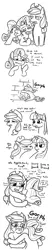 Size: 531x2542 | Tagged: safe, artist:jargon scott, derpibooru import, applejack, rarity, twilight sparkle, earth pony, pony, unicorn, alcohol, applejack is not amused, black and white, bottle, bust, comic, crying, dialogue, drunk, female, friendship, grayscale, hoof hold, mare, monochrome, onomatopoeia, simple background, teary eyes, unamused, vomit, vomiting, white background, wine, wine bottle