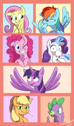 Size: 1917x3269 | Tagged: safe, artist:mickeymonster, derpibooru import, applejack, fluttershy, pinkie pie, rainbow dash, rarity, spike, twilight sparkle, twilight sparkle (alicorn), alicorn, dragon, earth pony, pegasus, pony, unicorn, cowboy hat, expressions, eyelid pull, female, freckles, glowing horn, hat, horn, lipstick, magic, mane seven, mane six, mare, one eye closed, silly face, smiling, spread wings, stetson, wings, wink