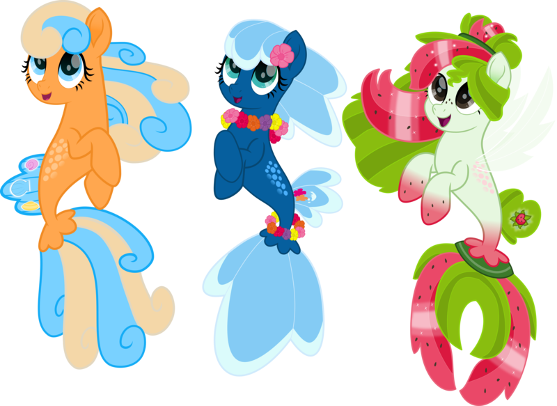 Size: 6000x4369 | Tagged: safe, artist:pilot231, derpibooru import, oc, oc:sea foam ep, oc:shelly shores, oc:watermelana, unofficial characters only, pony, seapony (g4), absurd resolution, female, fins, flower on ear, freckles, gradient hooves, lei, mare, movie accurate, simple background, transparent background, trio, vector