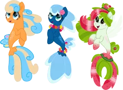 Size: 6000x4369 | Tagged: safe, artist:pilot231, derpibooru import, oc, oc:sea foam ep, oc:shelly shores, oc:watermelana, unofficial characters only, pony, seapony (g4), absurd resolution, female, fins, flower on ear, freckles, gradient hooves, lei, mare, movie accurate, simple background, transparent background, trio, vector