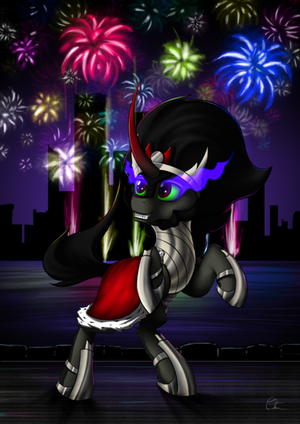 Size: 905x1280 | Tagged: safe, artist:calena, derpibooru import, king sombra, pony, unicorn, 2019, armor, city, crown, cute, evil, fireworks, grin, happy new year, holiday, implied manehattan, jewelry, regalia, smiling, solo, sombradorable