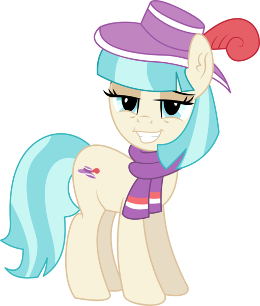 Size: 4992x5857 | Tagged: safe, artist:cyanlightning, derpibooru import, coco pommel, earth pony, pony, .svg available, absurd resolution, chest fluff, clothes, ear fluff, female, hat, lidded eyes, mare, open mouth, scarf, simple background, smug, solo, transparent background, vector