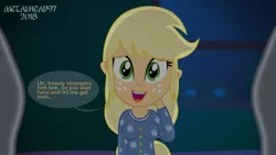 Size: 3999x2249 | Tagged: safe, artist:metalhead97, derpibooru import, applejack, alien, comic:applejack gets anal probed, equestria girls, breasts, clothes, dark, footed sleeper, freckles, nervous, nervous laugh, pajamas, scared, show accurate, speech bubble