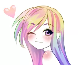 Size: 671x565 | Tagged: safe, artist:rileyav, derpibooru import, rainbow dash, human, bust, cute, dashabetes, eye clipping through hair, female, heart, humanized, looking at you, one eye closed, portrait, simple background, solo, white background, wink