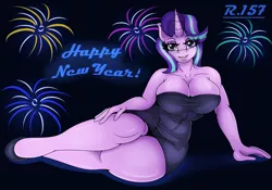 Size: 2850x2000 | Tagged: 2019, anthro, artist:renegade-157, big breasts, breasts, busty starlight glimmer, cleavage, clothes, derpibooru import, dress, female, fireworks, happy new year, high res, holiday, solo, solo female, starlight glimmer, suggestive, unguligrade anthro