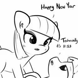 Size: 1650x1650 | Tagged: suggestive, artist:tjpones, derpibooru import, maud pie, mudbriar, earth pony, pony, blushing, dialogue, ear fluff, female, grayscale, happy new year, happy new year 2019, holiday, male, mare, maudbriar, monochrome, shipping, simple background, stallion, straight, technically, white background