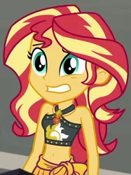 Size: 752x1003 | Tagged: safe, artist:artofmagicpoland, derpibooru import, edit, edited screencap, editor:artofmagicpoland, screencap, sunset shimmer, equestria girls, equestria girls series, x marks the spot, belly button, clothes, cringing, cropped, female, geode of empathy, magical geodes, sleeveless, solo focus, summer sunset, swimsuit