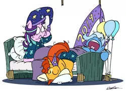 Size: 5498x3949 | Tagged: safe, artist:bobthedalek, derpibooru import, starlight glimmer, sunburst, trixie, pony, unicorn, balloon, banner, bed, bed mane, clothes, clothes swap, cup, face down ass up, hat, implied group sex, implied lesbian, implied sex, implied startrixburst, implied straight, implied threesome, morning after, pajamas, party hat, party horn, sleeping, starlight's room, trixie's nightcap