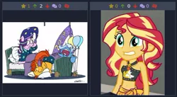 Size: 488x267 | Tagged: safe, derpibooru import, starlight glimmer, sunburst, sunset shimmer, trixie, derpibooru, equestria girls, equestria girls series, x marks the spot, juxtaposition, juxtaposition win, meme, meta