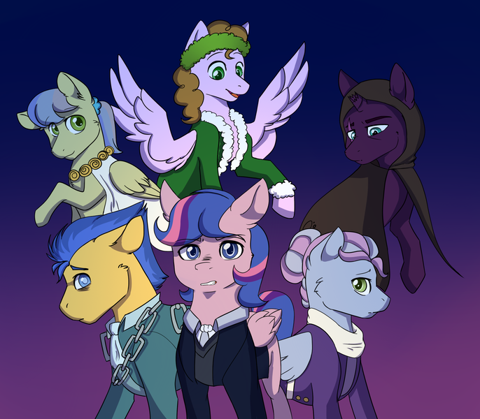 Size: 1532x1340 | Tagged: safe, artist:snail-duck, derpibooru import, flash sentry, tempest shadow, oc, oc:confetti surprise, oc:galaxy guard, oc:sentinel shield, oc:turquoise edge, pegasus, pony, kindverse, a christmas carol, offspring, parent:cheese sandwich, parent:flash sentry, parent:junebug, parent:limestone pie, parent:pinkie pie, parent:spearhead, parent:twilight sparkle, parent:zephyr breeze, parents:cheesepie, parents:flashlight, parents:zephyrstone