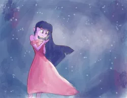 Size: 3300x2550 | Tagged: safe, artist:pettypop, derpibooru import, twilight sparkle, equestria girls, clothes, dress, female, ipad, long hair, nebula, solo, traditional art, windswept mane