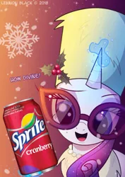 Size: 751x1063 | Tagged: safe, artist:lennonblack, derpibooru import, edit, rarity, pony, unicorn, bearskin, clothes, drink, female, food, glasses, glowing horn, gradient background, hat, holly, horn, jewelry, levitation, lidded eyes, magic, mare, necklace, open mouth, pearl necklace, product placement, smiling, snow, snowflake, solo, sprite (brand), sprite cranberry, telekinesis