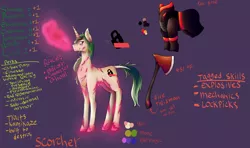 Size: 8194x4857 | Tagged: safe, artist:shirofluff, derpibooru import, oc, oc:scorcher, unofficial characters only, cyborg, ghoul, pony, undead, unicorn, fallout equestria, absurd resolution, canterlot ghoul, glowing hooves, pink cloud (fo:e), reference sheet, solo