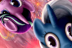 Size: 1280x854 | Tagged: safe, artist:everypone, derpibooru import, starlight glimmer, trixie, pony, unicorn, adoracreepy, creepy, cute, diatrixes, female, fireworks, glimmerbetes, happy, happy new year, holiday, looking at you, mare, new year, open mouth, smiling, stare, thousand yard stare, wide eyes