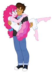 Size: 1039x1408 | Tagged: safe, artist:unoriginai, derpibooru import, pinkie pie, oc, oc:copper plume, equestria girls, equestria girls series, barefoot, blushing, bow, bridal carry, canon x oc, carrying, clothes, commission, commissioner:imperfectxiii, converse, copperpie, feet, female, freckles, glasses, male, neckerchief, pants, shipping, shirt, shoes, simple background, skirt, smiling, sneakers, stockings, straight, thigh highs, transparent background