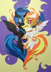 Size: 1661x2347 | Tagged: safe, artist:jiuweidehuli, artist:tomatocoup, derpibooru import, daybreaker, nightmare moon, alicorn, pony, a royal problem, armor, chest fluff, craft, duo, eye contact, female, helmet, looking at each other, mane of fire, mare, papercraft, traditional art