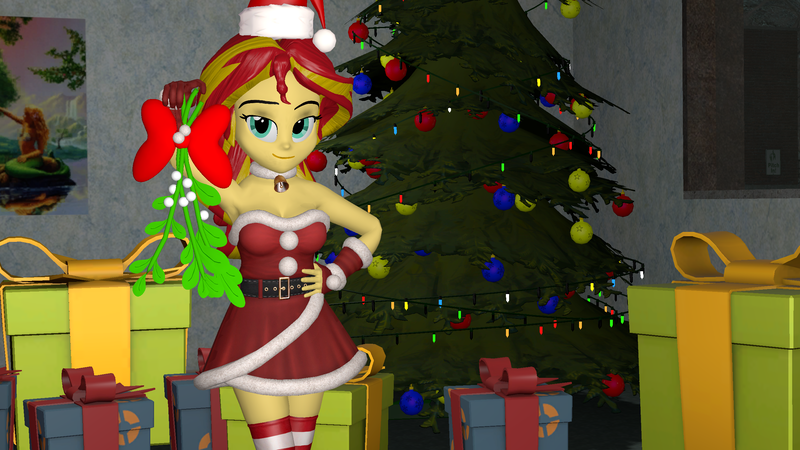 Size: 2560x1440 | Tagged: suggestive, artist:wolfthepredator, derpibooru import, sunset shimmer, equestria girls, 3d, armpits, bow, breasts, christmas, christmas tree, clothes, costume, hat, holiday, mistletoe, present, santa costume, santa hat, socks, stockings, thigh highs, tree