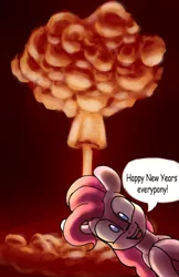 Size: 792x1224 | Tagged: 2019, artist:jimmyjamno1, atomic bomb, derpibooru import, happy new year 2019, mushroom cloud, nuclear weapon, pinkie pie, safe, speech bubble, weapon, xk-class end-of-the-world scenario