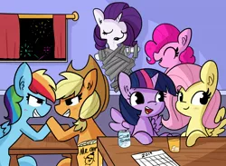 Size: 2250x1650 | Tagged: safe, artist:tjpones, derpibooru import, applejack, fluttershy, pinkie pie, rainbow dash, rarity, twilight sparkle, twilight sparkle (alicorn), alicorn, earth pony, pegasus, pony, unicorn, 2019, applejack's hat, arm wrestling, cowboy hat, cup, curtains, drink, duct tape, ear fluff, eyes closed, female, fireworks, happy new year, happy new year 2019, hat, holiday, hoofwrestle, looking at each other, mane six, mare, new year, open mouth, prank, table, tape