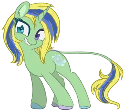 Size: 600x536 | Tagged: safe, artist:sinamuna, derpibooru import, oc, oc:lemon pop, unofficial characters only, pony, unicorn, au:equuis, alternate universe, base used, blonde hair, blue eyes, blue hair, colored hooves, cutie mark, female, full body, green fur, heterochromia, horn, leonine tail, mare, multicolored hair, purple eyes, redesign, simple background, smiling, solo, transparent background, updated design